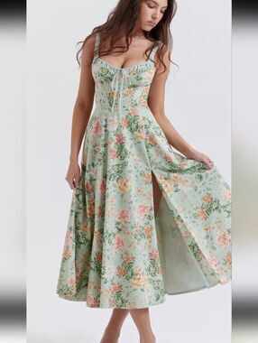 💥3/$180💥Princess Fit Midi Floral Corset Dress - Pastel Green Peach Sz S M L
